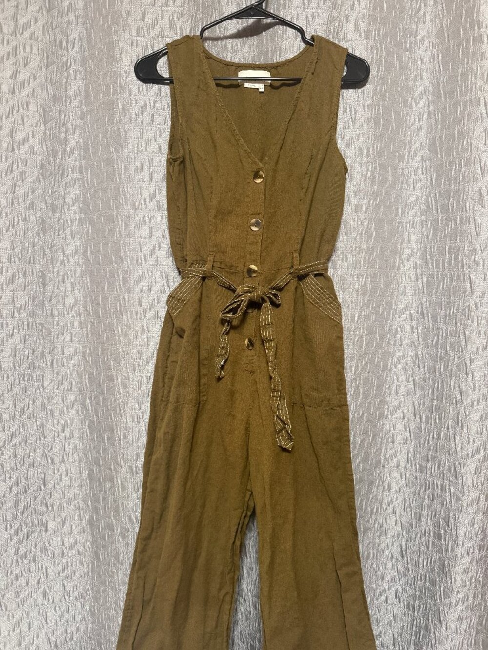 Anthropologie Womens Size 8 Olive Green Linen Button Front Wide Leg Jumpsuit